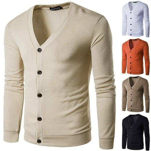 Mens Plain Knitted V Neck Buttoned Cardigan Fine Basic Knitwear Warm Top Button - Picture 3 of 18