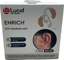 Lucid Hearing Enrich OTC Hearing Aids Beige New Open Box