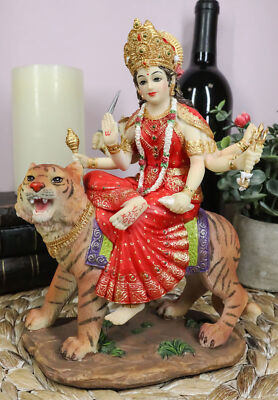 Hindu Goddess Durga Wearing Red Sari Riding On Tiger Figurine 8.5'' Tall Statue