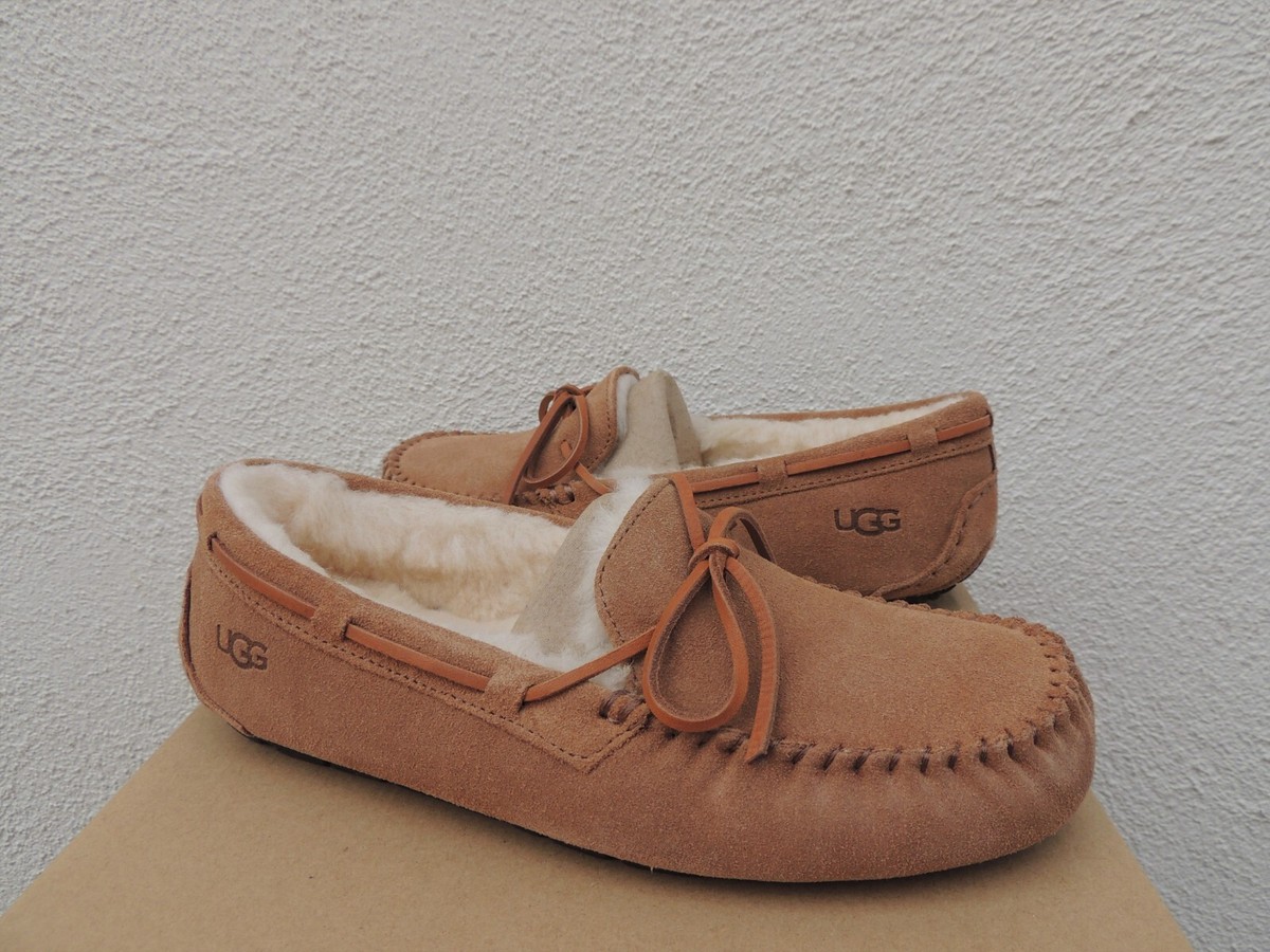 UGG MEN OLSEN CHESTNUT SUEDE/ SHEEPWOOL MOCCASIN SLIPPERS, US 8/ EUR 41 ~NEW