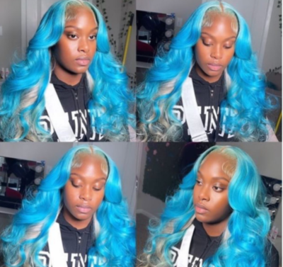 Long Curly Wavy T Part Lace Front Wig Ombre Blonde Blue  display picture 1