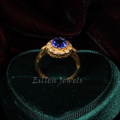 7 mm Brilliant Round Sapphire Ring, Blue Sapphire Engagement Ring Bridal Ring - Picture 3 of 5