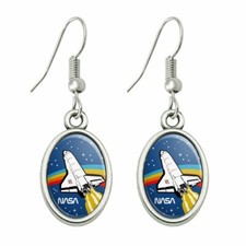 NASA Logo Over Space Shuttle with Rainbow Dangling Drop Oval Charm Earrings