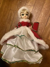 Vintage Artmark 1977 Big Eyes Christmas Doll Red Dress Hoop Skirt Purse