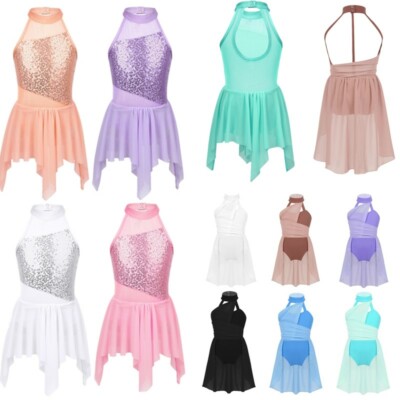 Girls Ballet Dance Chiffon Leotard Halter Neck Lyrical Contemporary Dance Dress