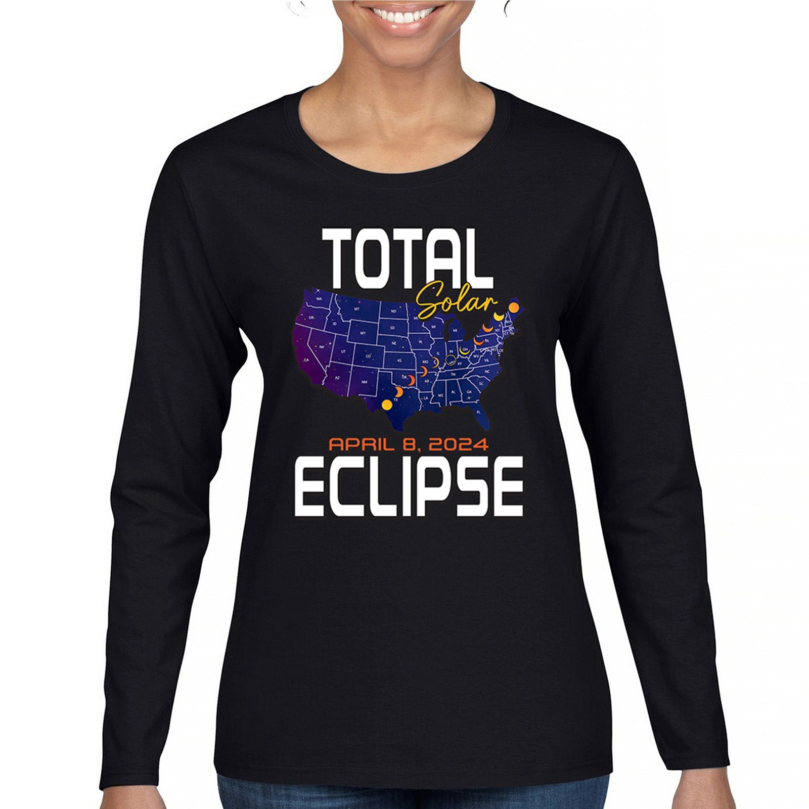 ALTRA Orologio Total Solar Eclipse Map T shirt Maniche Lunghe Donna 8 Aprile 2024 Festa