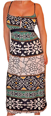 Y2K Black Green Tribal Print Padded Cups Stretchy Beach Sun Dress Maxi dress  | eBay