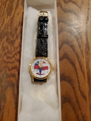 Vintage Collectible Bill Clinton Animated Watch With Black Leather Textured  Band