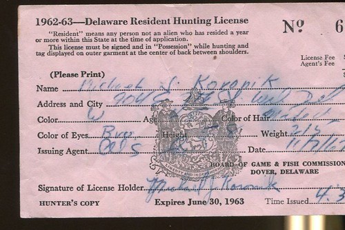 DELAWARE 1962 Trapping & Hunting License/ RW29 - Unsigned - 119 - Picture 2 of 2