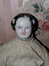 14" Civil War Era 1860s German China Head Doll Crack On Seam, Replaced Body