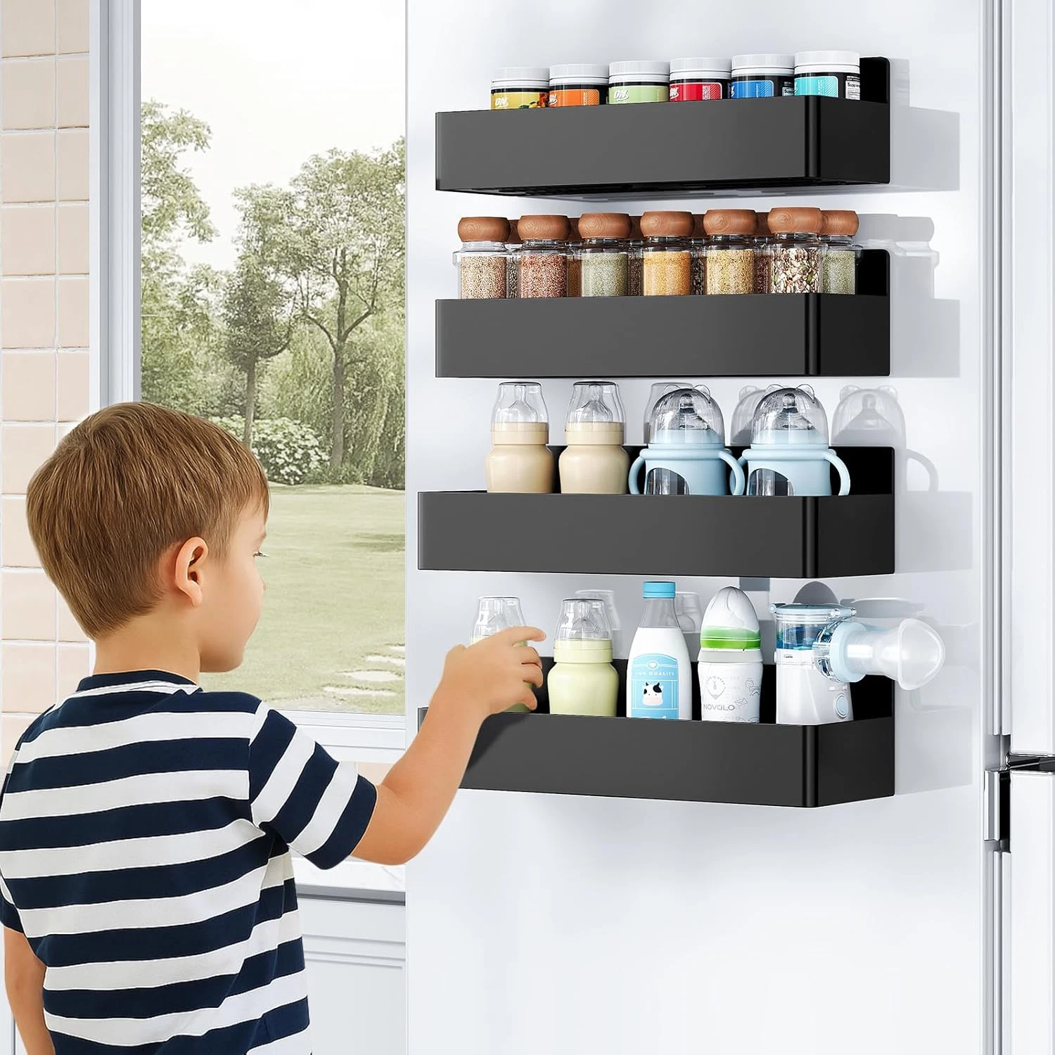 Magnetic Spice Rack for Refrigerator, 4-Pack Kitchen Organizer in Black