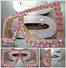 Oversized Retro Shield SUN GLASSES Pink Frame Lens  Large Rhinestones Handmade 