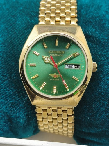 Vintage Citizen Automatic 21 Jewels Men's Watch Green Dial Day-Date