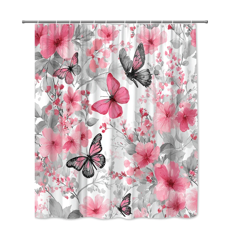 Cortina de chuveiro floral rosa com borboletas e folhas cinza para decoração feminina - Imagem 2 de 4