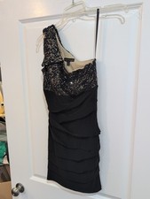City Triangles Size Medium Black/Beige Dress One Shoulder w Silver Sequin Ruffle