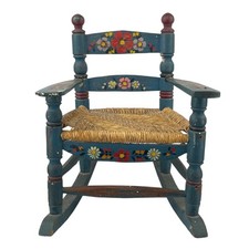 Vintage Childs Wooden Rocking Chair Hand Crafted Floral Painted Rattan Rare OOAK
