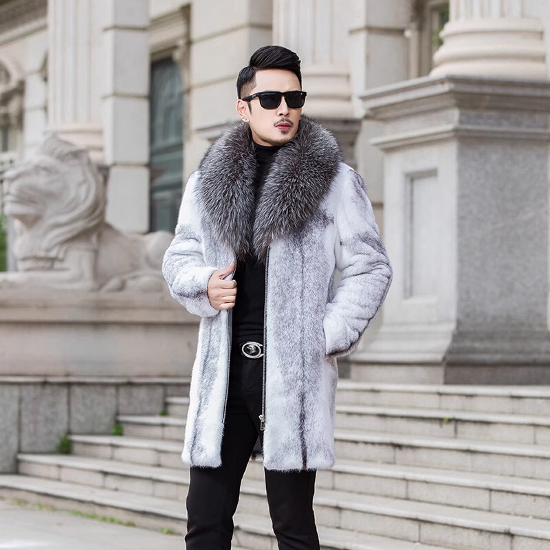 Winter Mens Lapel Collar Faux Mink Fur Fox Fur Coat Zipper Mid