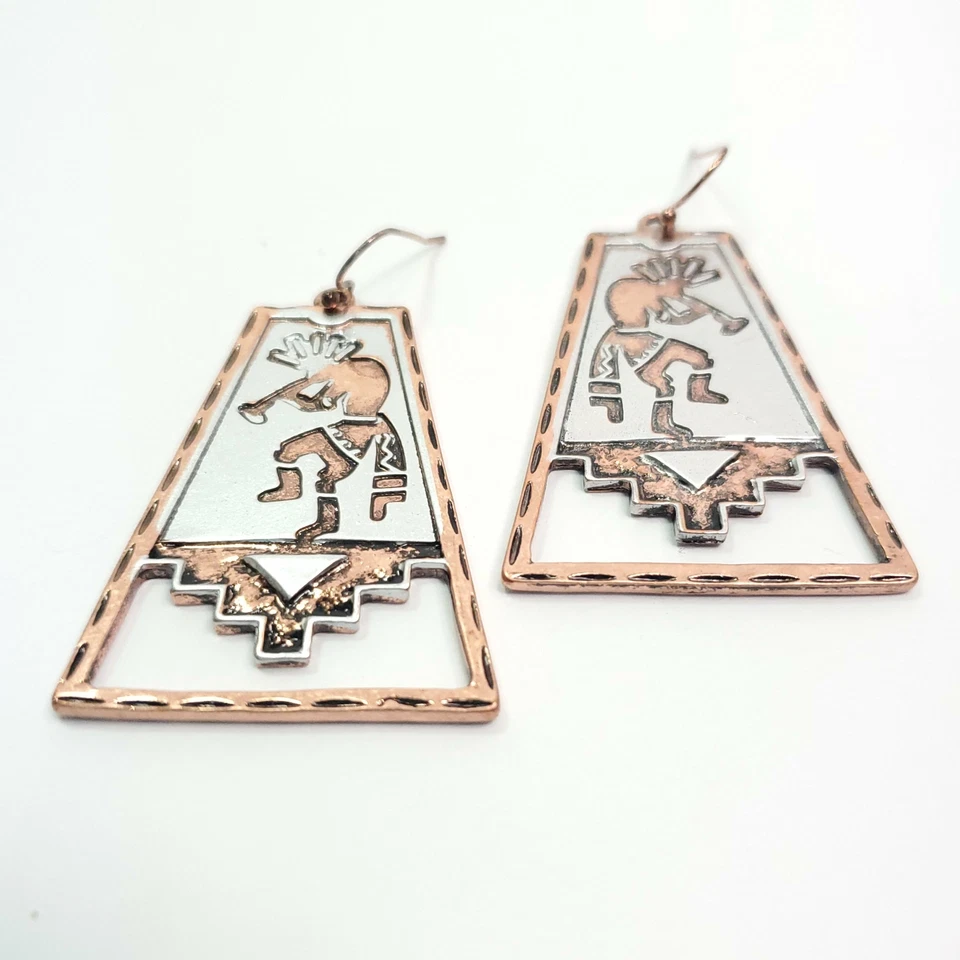 Pendientes colgantes antiguos Kokopelli trapezoidales tono cobre I04 Foto 2 de 4