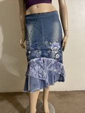 Blue Denim Cotton Beaded Embroidery Glitter Lace Knitted Size L 8-10 Skirt 3312