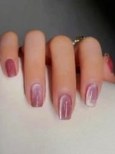 Press On Nails - 24pcs Medium Squoval Red Glitter Cat Eye Stick On False Nails