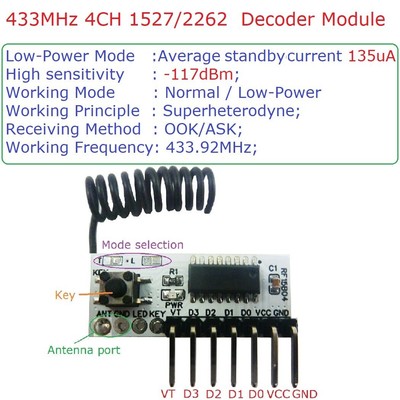 135uA Low-Power -117dBm  PT2262 EV1527 4 Button Fixed Code Decoding