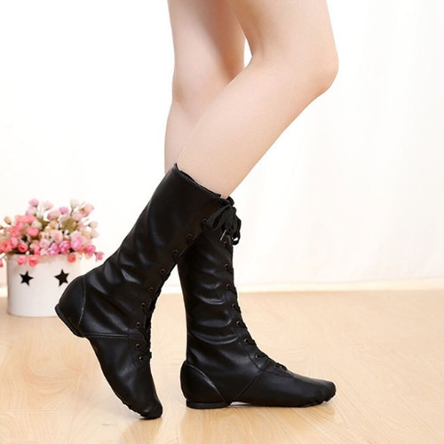 Zapatos de baile de jazz para mujeres cuero negro top alto niños adultos botas de jazz suela dividida - Imagen 11 de 15