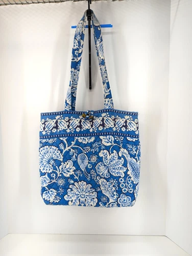 Vera Bradley Blue Lagoon Floral Cotton Large Tote Bag with Toggle Clasp