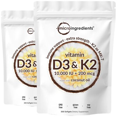 2 Pack Vitamin D3 10000 iu Plus K2 MK-7 200 mcg 300 Virgin Coconut Oil Softge...