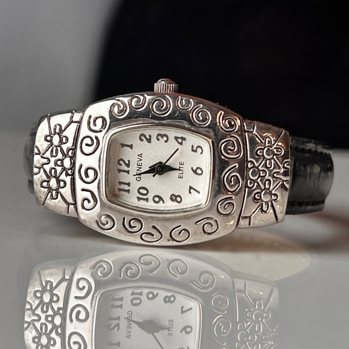 Womens Art Deco Watch Silver Tone 22mm Case Black Straps New 