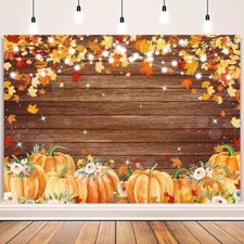 Autumn Pumpkins Wooden Backdrop Fall Maple Leaves Photography Background