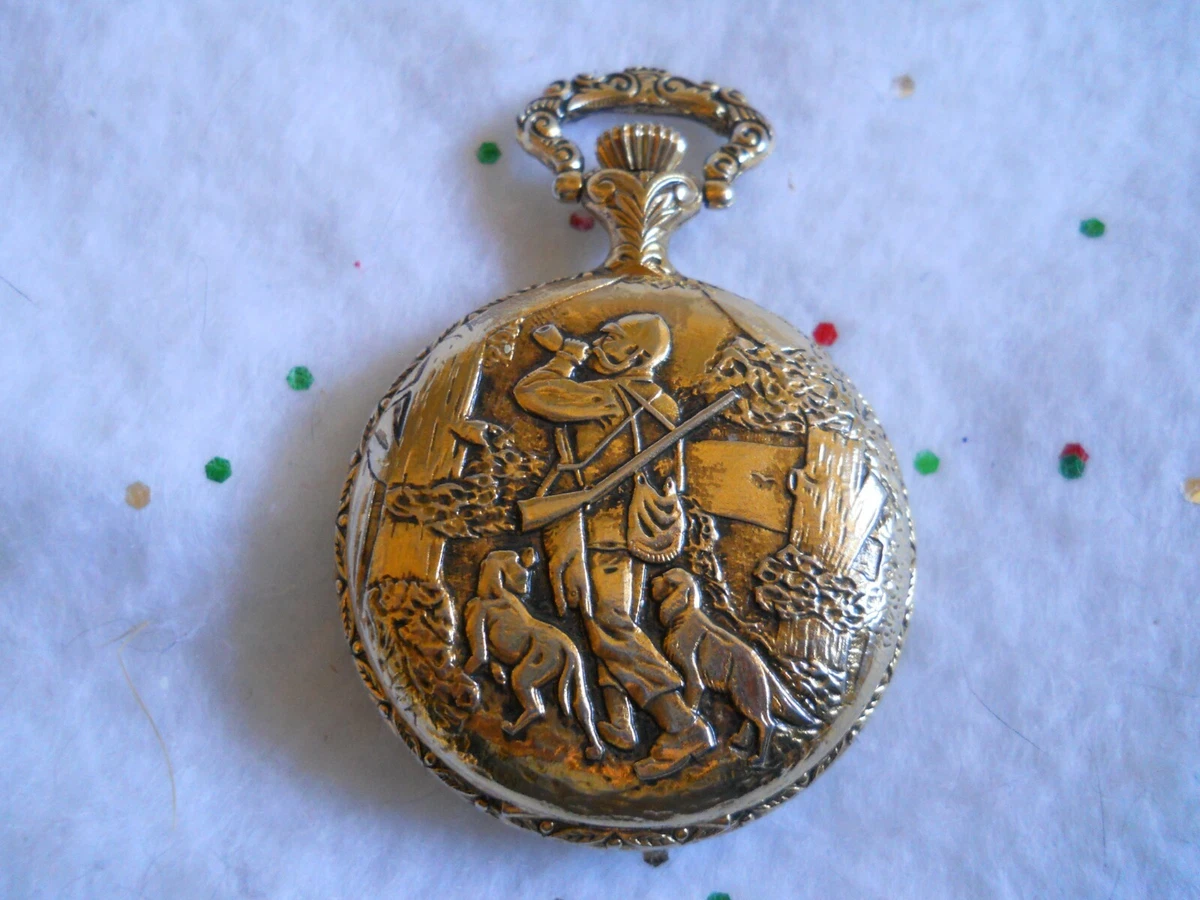 Hanowa Pocket Watch Swiss Made goldtone Dogs Hunter Rifle Date new Battery
