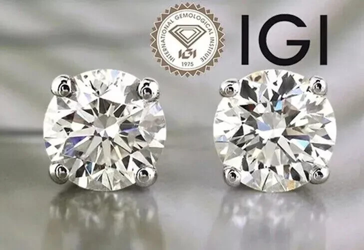 4.02 Ct Round Lab Grown E VS1 Diamond Earrings 14K White Gold IGI 