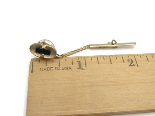 Spilla cravatta vintage modernista tono oro pietra onice nera metà secolo uomo - Foto 5 di 5