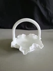 Vintage Fenton Hobnail Milk Glass Basket With Handle And Ruffled Edge 6"