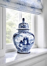 large Delft Blue &White Style Lidded Ginger Jar Lion Finial 41 sm