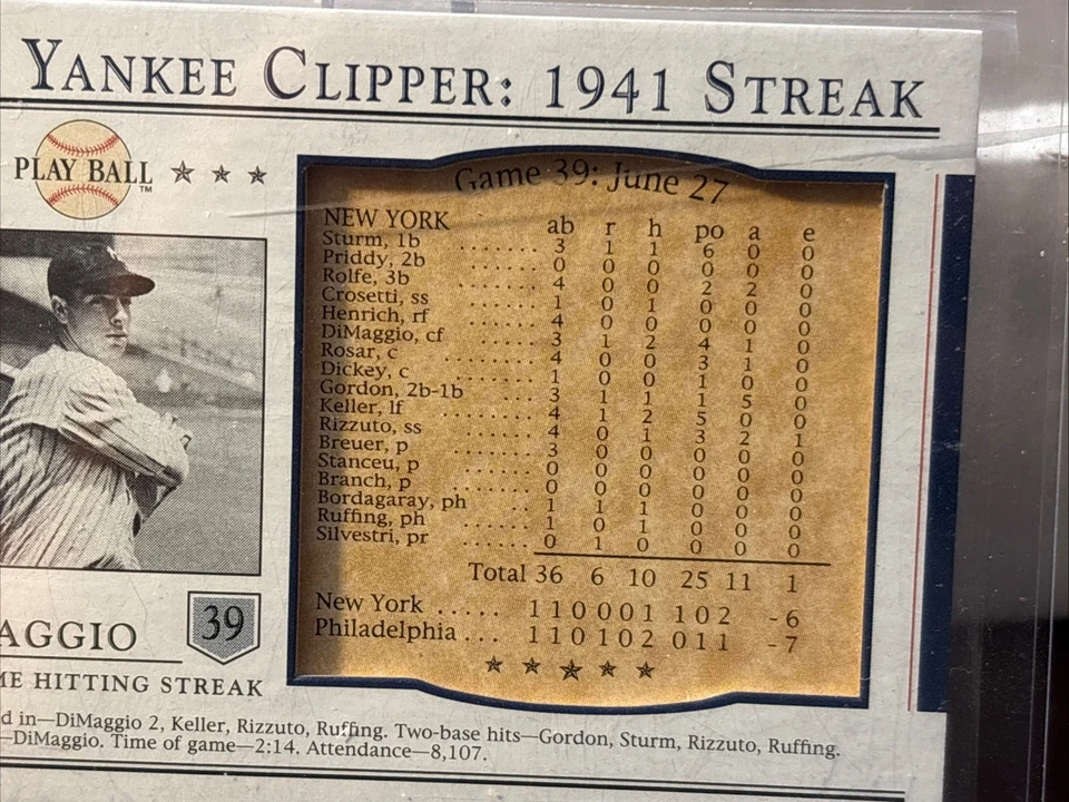 2003 Upper Deck Play Ball The Yankee Clipper: 1941 Streak Joe DiMaggio #S-39 HOF - Image 2 of 3