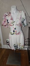 Bigshe Women's M Floral Mini Dress White Pink Green Puff Short Sleeve V-Neck