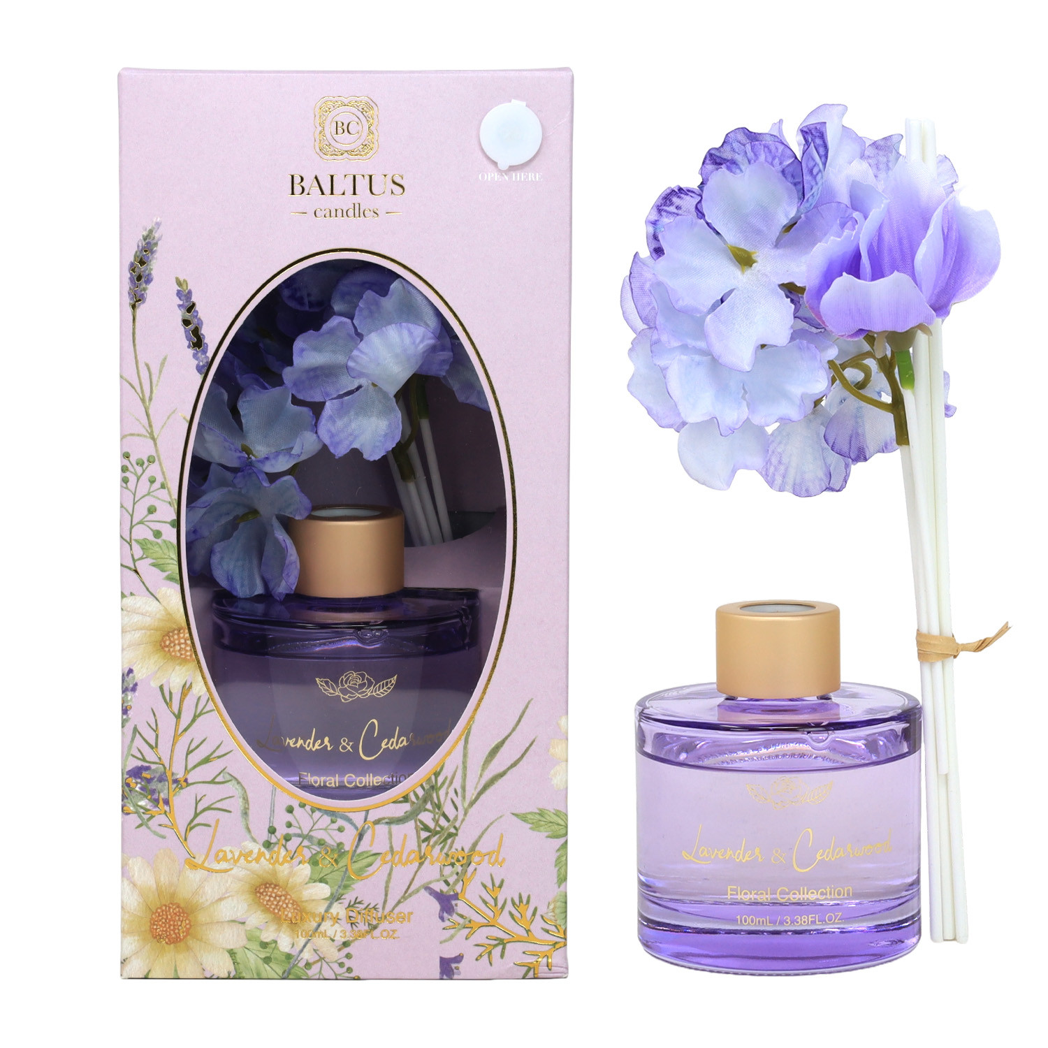 Baltus Reed Diffuser Faux Flower 100ml Luxury Aroma Cedarwood & Lavender Scent