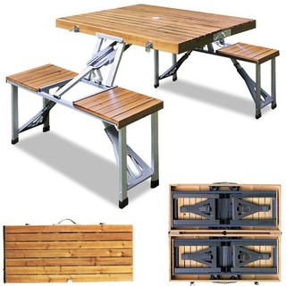 B Ware Campingtisch Sitzgarnitur aus Alu mit Sitzflächen aus Holz