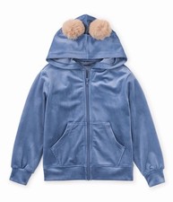 Tea Collection Girls Blue Velour Pom Pom Hoodie Full Zip Pockets Size 8 62