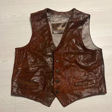 Cobra Leather Vest Mens Brown Lined Sleeveless Western Button Front 90s Vintage