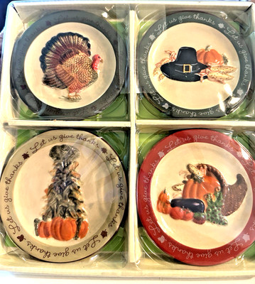 MWW Market Let Us Give Thanks Mini Plate Set of 4 Ceramic Thanksgiving Turkey