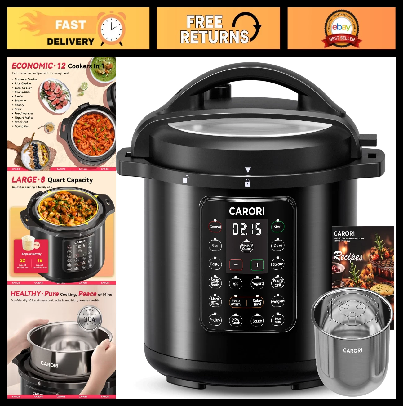 1200W 12-in-1 Electric Pressure Cooker 8Qt, Stainless Steel Slow Cooker & Steame