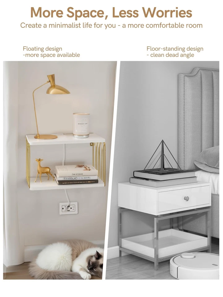 Mesita de noche flotante con orificio para cable, minimalismo moderno pequeño montado en la pared blanco... Foto 4 de 4