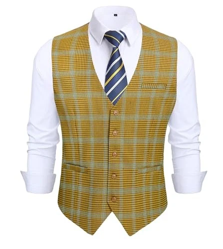  Men's Suit Vest Business Plaid Formal Dress Waistcoat Slim Fit Large A9-yellow - Image 2 of 4