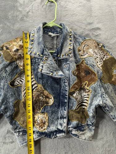 VTG Wild Cherry USA Made Zebra Tiger Jean Denim Crop Jacket Studs Small 80s 90s - Picture 16 of 20