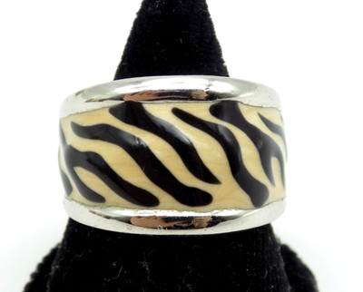 WILDER GRÖSSE 9,5 STERLINGSILBER TIGER Zebra STREIFEN EMAILLE RING PUNZE C A