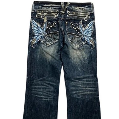 Y2K Vintage Style Low-Rise Embroidered Butterfly Denim Jeans Women's Sizes S-3XL