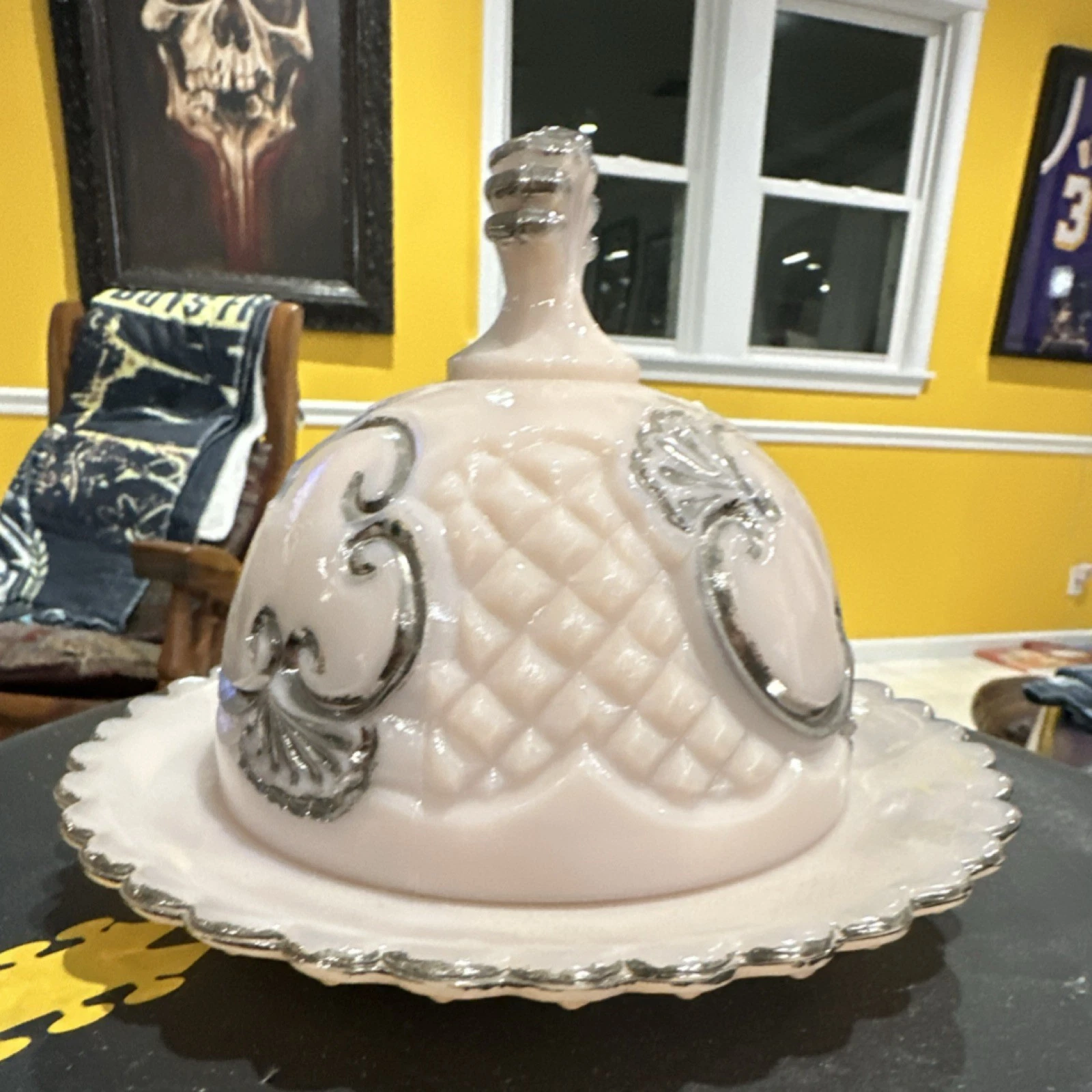Victorian Style Ceramic Covered Butter Dish Silver Accents Glossy Finish