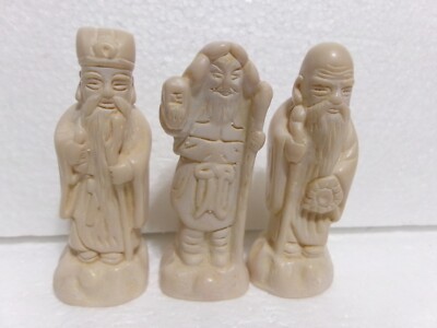 3 Vintage Fen Shui Fuk Luk Sau Gods Miniature Figurines Marks JIR JU FUK CKU UL?